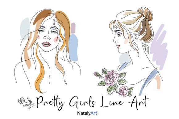 2 Portraits of Pretty Girls: Line-Style Graphics & Illustrations