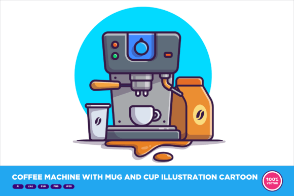 Coffee Machine with Mug and Cup Cartoon: Graphics & Illustrations