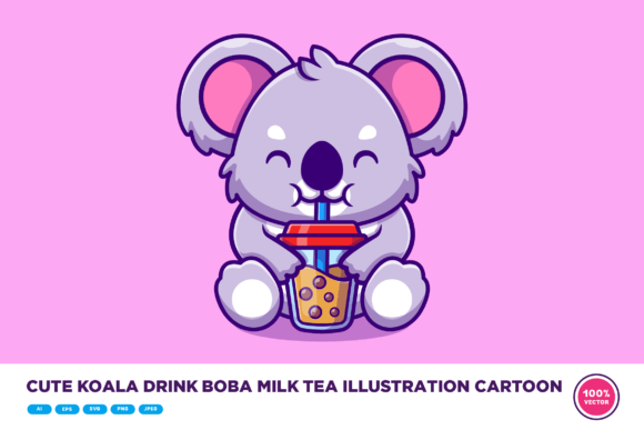 Cute Koala Drink Boba Milk Tea Cartoon Graphics & Illustrations